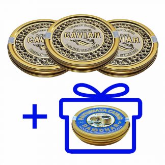 Set di caviale: 3 barattoli х 100gr di caviale di storione "Premier Selection" + 100gr di caviale pressato in regalo