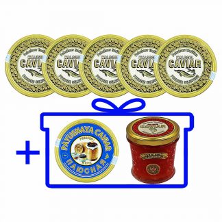 5 x 100g de caviar d'esturgeon « Premier Selection » + 100g de caviar pressé et 250g d’œufs de saumon en cadeau