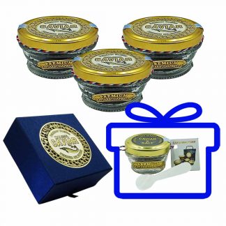 Coffret cadeau de caviar : 3 x 113g de caviar d'esturgeon "Premier Selection" + sel de caviar et clé à caviar en cadeau