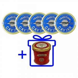 5 x 100g de caviar d'esturgeon "Russian Tradition" + 250g d’œufs de saumon rose en cadeau